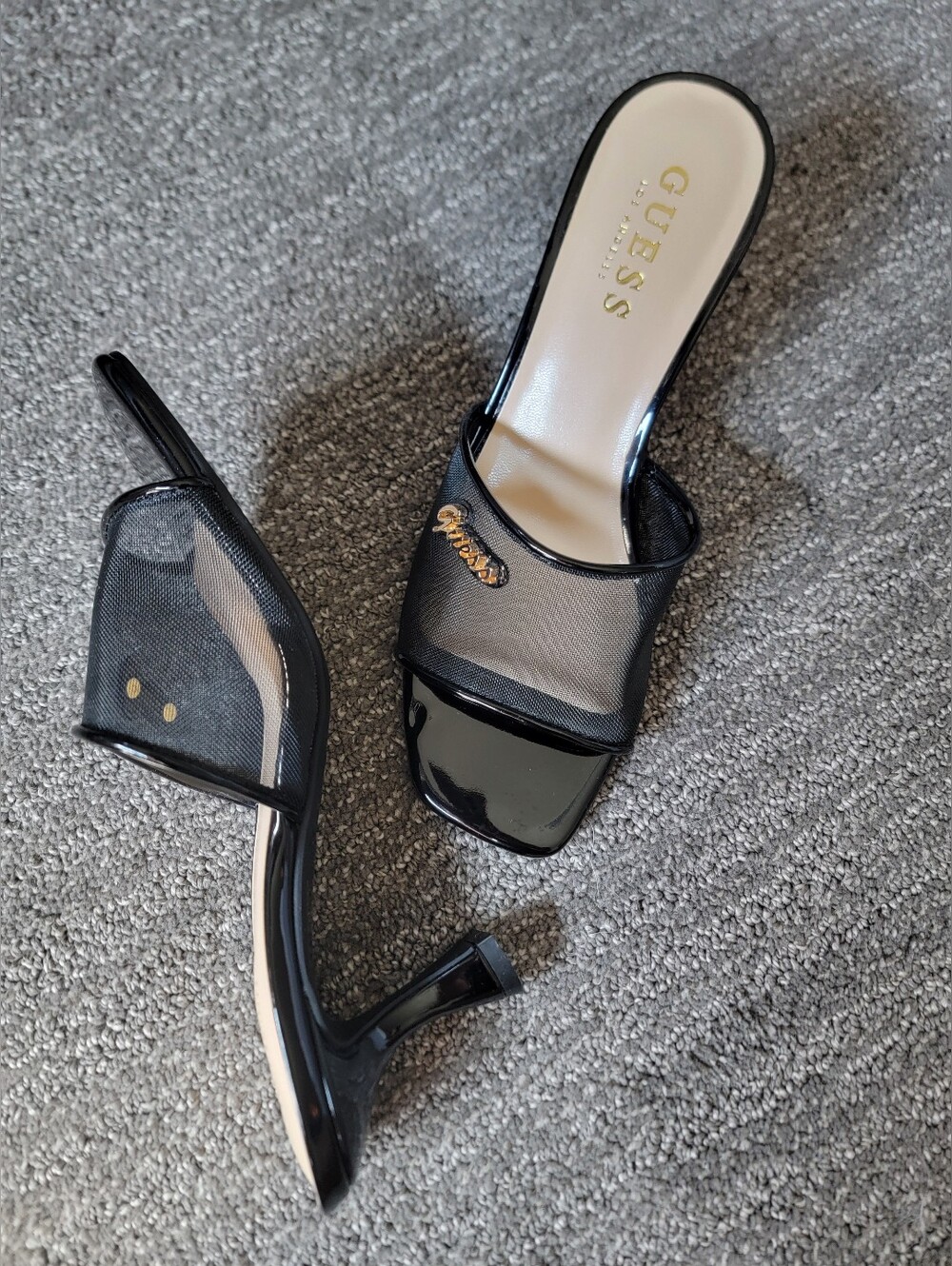 ​GUESS Dolley Mesh Black Kitten Heel Mule Sandals Gold Logo Size 6M